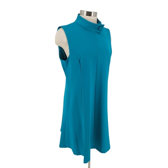 Calvin Klein Retro Fit Flare Dress Blue Sleeveless Button High Neck Zip 14 - Picture 2 of 9
